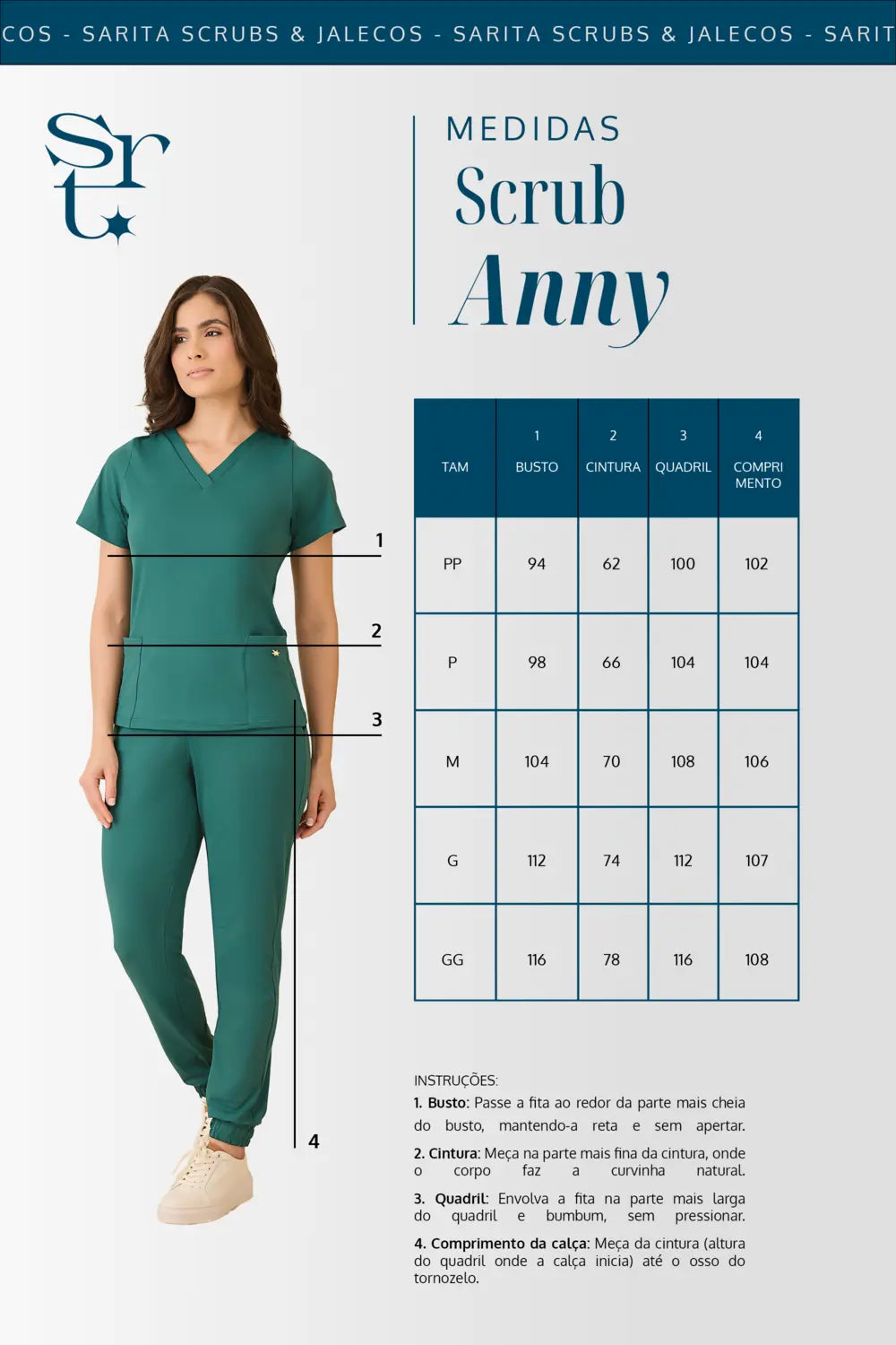Tabela de medidas do scrub feminino Anny