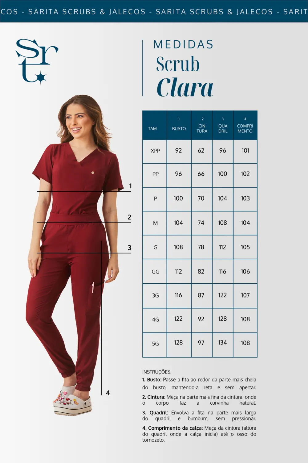 Tabela de medidas do scrub feminino Clara