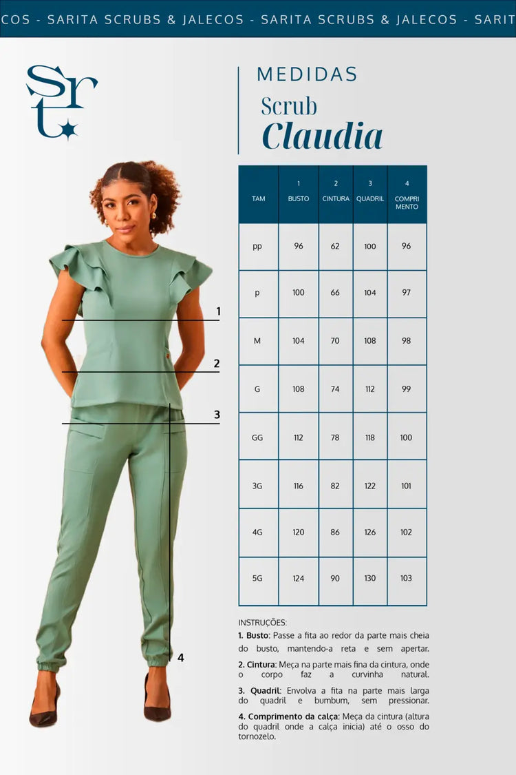 Tabela de medidas do scrub feminino Claudia