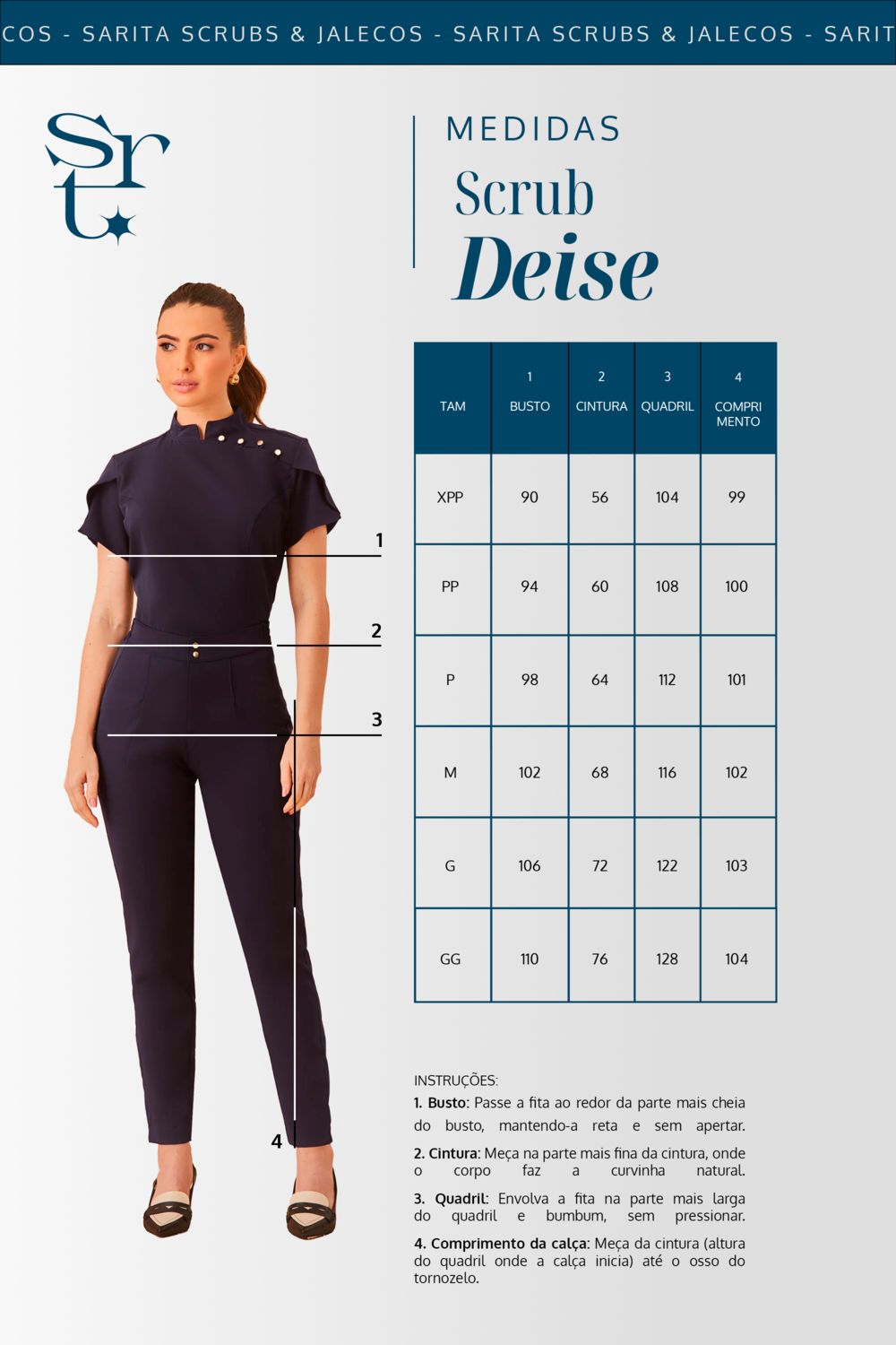 Tabela de medidas do scrub feminino Deise
