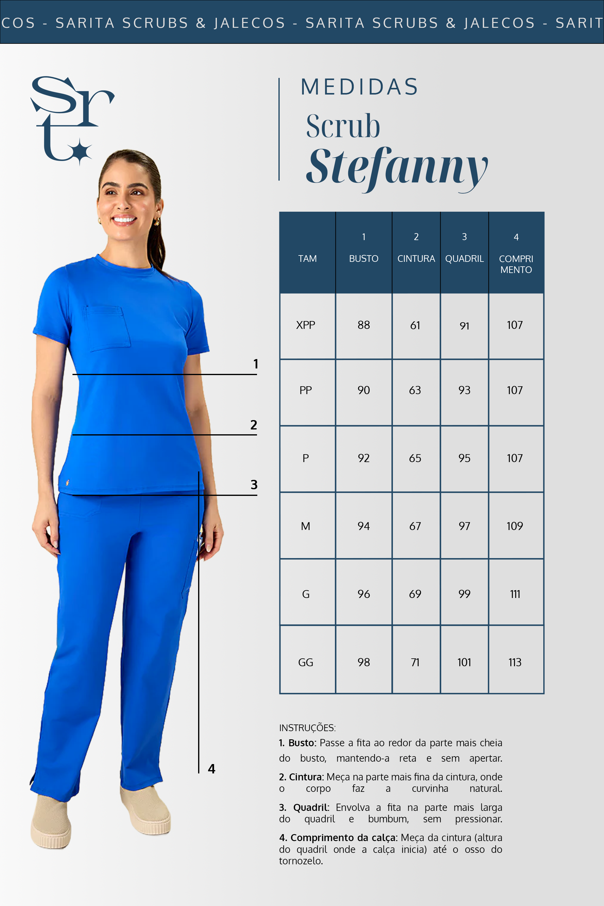 Tabela de medidas do scrub feminino Stefanny